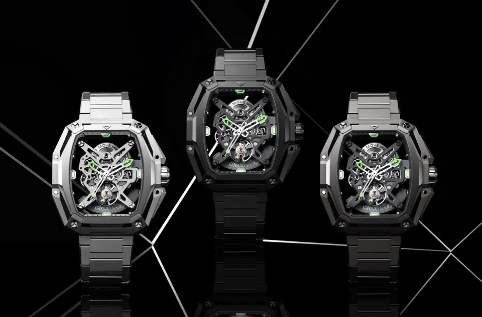 Tres relojes CIGA Design Serie X esqueletizados con brazalete de acero y movimiento mecánico visible